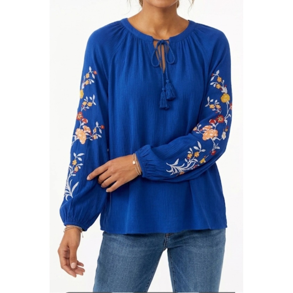 T.E. by Tracy Evans Bohemian Blue Embroidered Long Sleeve Blouse XL NWT